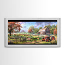Tranquil Farm Scene with Red Barn and Tractor, Idyllic Rural Art, Framed Canvas Print, Country Wall Decor, Living Room Decoration