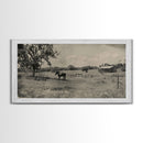Horse Grazing in Pasture by Farmhouse, Antique Style Framed Canvas Print Country Living Room Decor, Rustic Farmhouse Wall Art, Nature Scene