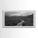 River and Rolling Hills Under Cloudy Sky, Black and White Framed Canvas Print Rustic Farmhouse Living Room Decor, Landscape Art, Home Decor