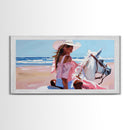 Elegant Cowgirl on Horse by the Shore, Beautiful Framed Canvas Print, Ideal for Coastal Living Room Art, Beach Bedroom Decor, Horse Wall Art