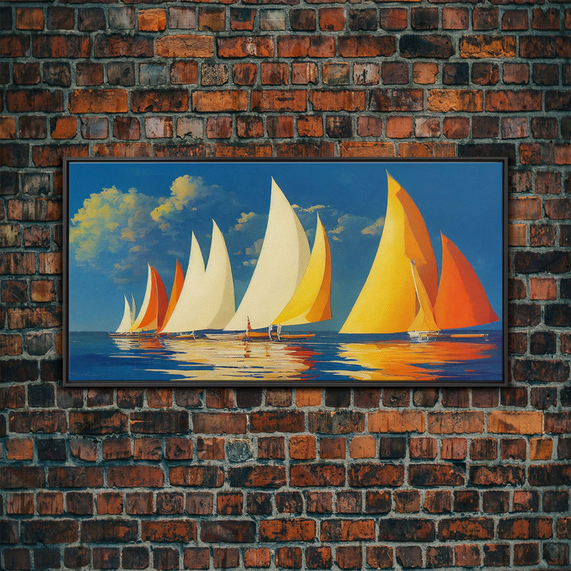 Art Deco Sailboats, Sailing Art, Sailing on the open sea, Wall Decor, Ready To Hang Framed Canvas Print, Oversize Wall Art