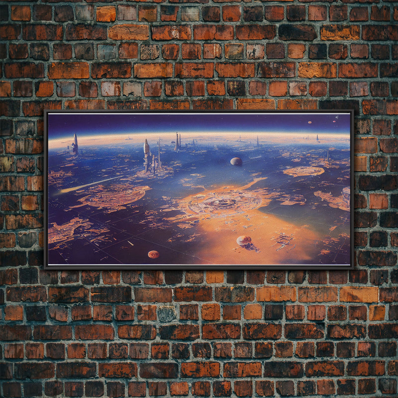 Bird's eye view of a futuristic city-planet, cool scifi art, framed canvas print, ready to hang framed wall art