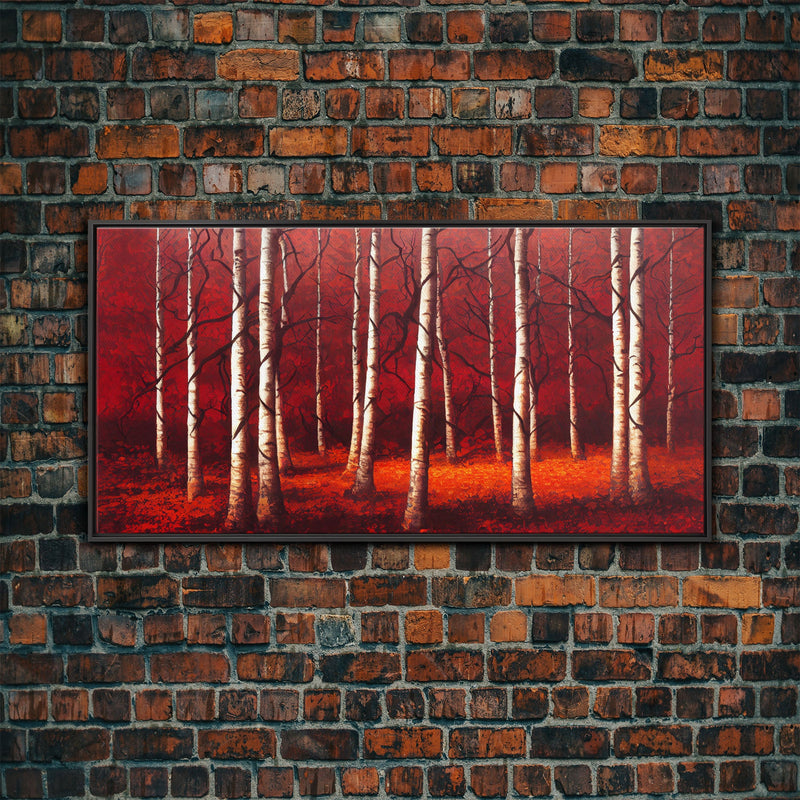 Birch Trees, Haunted birch forest, blood red forest, framed canvas print, ready to hang framed wall art