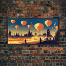 Flight of the balloons, hot air balloon armada, framed canvas print, ready to hang framed wall art