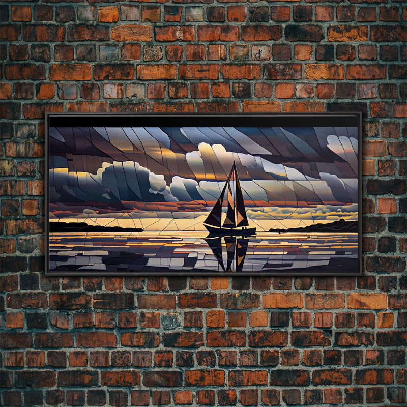 Art Deco Stained Glass Sail Boat Wall Art | Framed Canvas Print | Nautical Art | Seascape Art | Beach House Decor