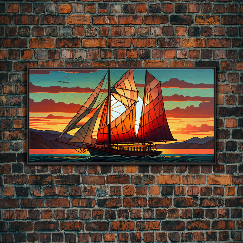 Art Deco Stained Glass Sail Boat Wall Art | Framed Canvas Print | Nautical Art | Seascape Art | Beach House Decor