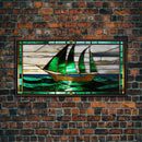Emerald Green and Gold Art Deco Sail Boat, Framed Canvas Print, Retro MCM Style Wall Art, Midcentury Modern, Vintage Style, Stained Glass