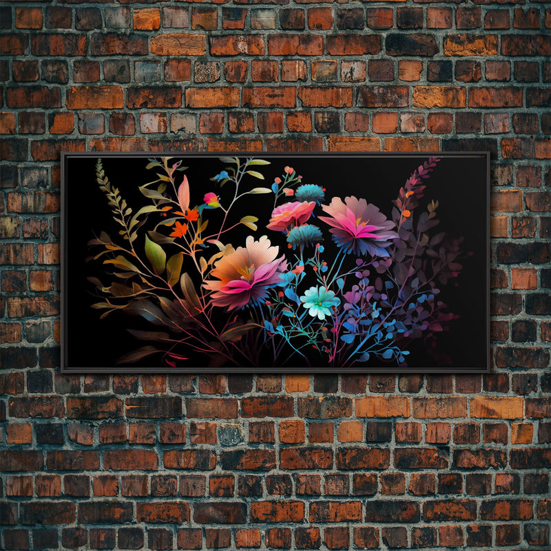 Wild Flower Art, Black Background, Framed Canvas Print, Canvas Art, Mother's Day, Watercolor Painting of Flowers on Canvas, Living Room Art