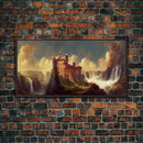 Fantasy wall art, canvas print, castle in the sky, castle atop mountains and waterfalls, watercolor