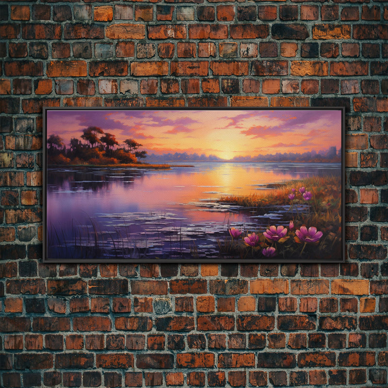 Beautiful Lake At Sunset, Framed Canvas Print, Landscape Oil Painting Print, Lakehouse Art, Lake Art, Lake House Decor, Nature Art