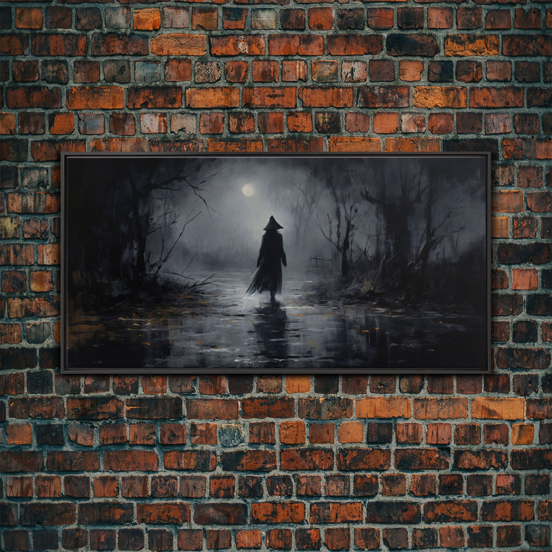 Witch Walking In The Rain Under A Full Moon, Witch Print, Framed Canvas or Poster, Victorian Oil Painting, Dark Academia, Witchcraft Decor