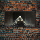 Grim Reaper Reading A Book In A Haunted Library, Framed Canvas Print, Victorian Oil Painting Style, Spooky Halloween Decor, Goth Art