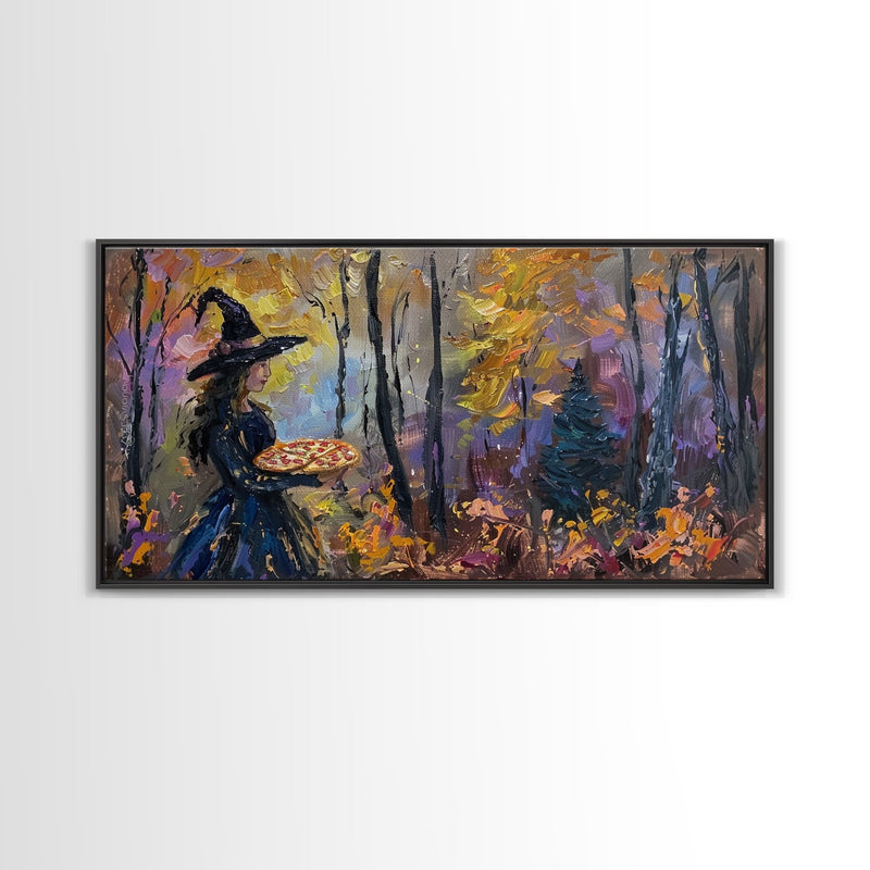 Witch Having A Pizza Party For One In The Haunted Forest, Framed Canvas Print, Funny Halloween Art