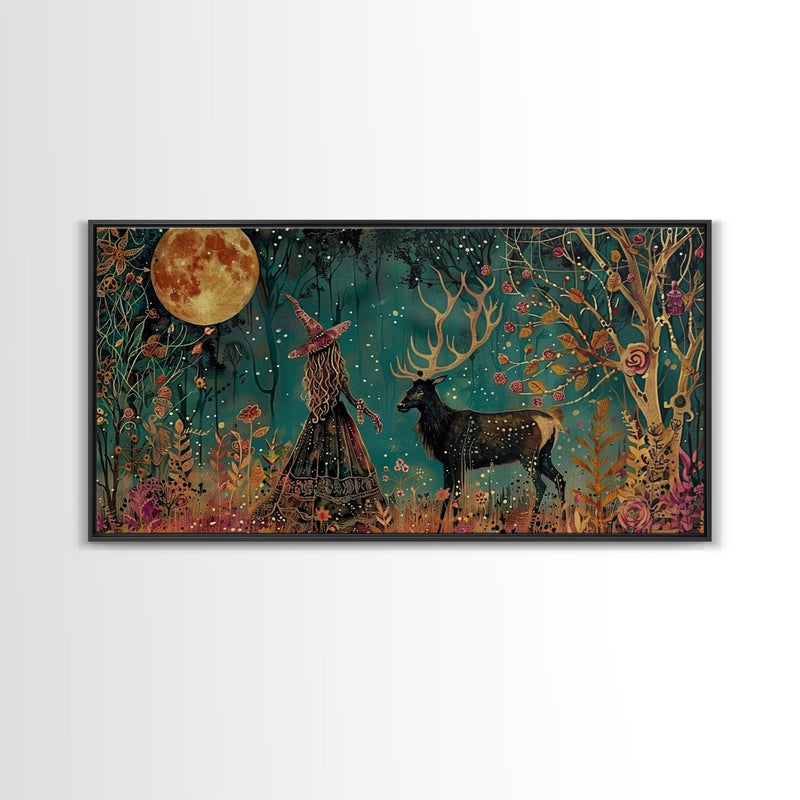 Victorian Witch and her Elk Familiar | Framed Canvas Print | Dark Academia Wall Art | Victorian Style Halloween Art