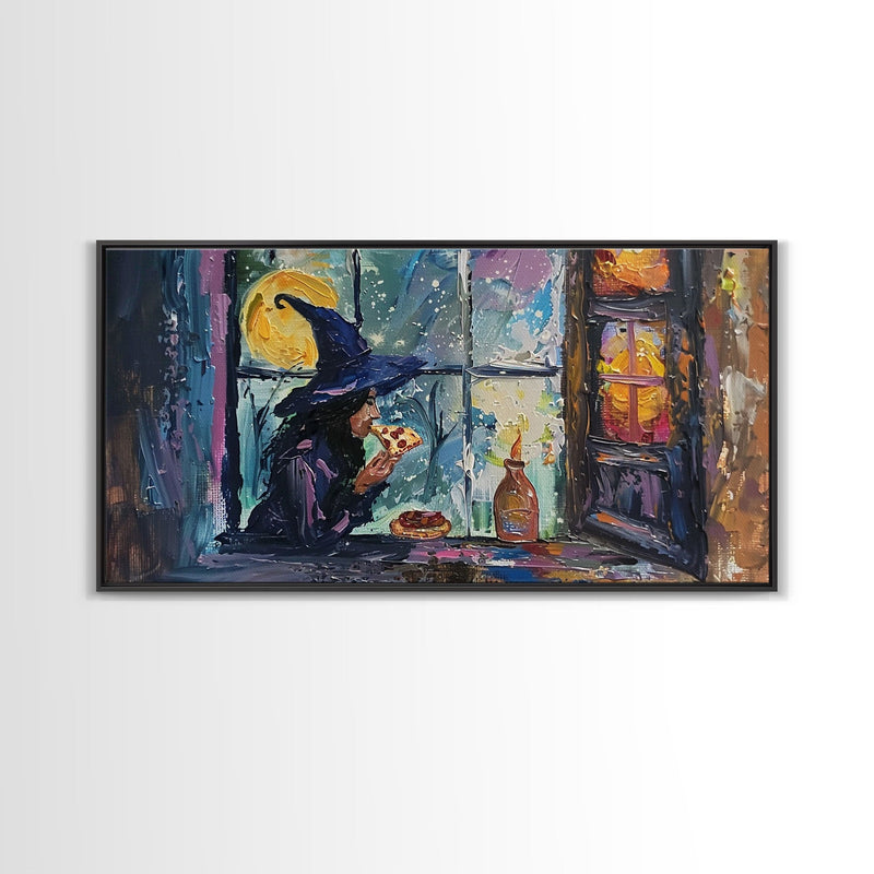 Witch Eatin' a Slice of Pizza, Framed Canvas Print, Witchy Decor, Impasto Style Halloween Wall Art