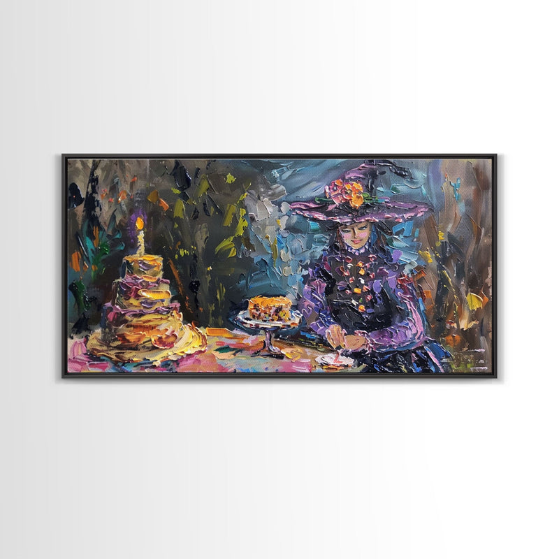 Birthday Party for One, Springtime Witch and A Birthday Cake, Framed Canvas Print, Funny Halloween Art