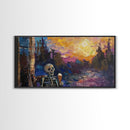 Spooky Skeleton having an ice cream cone at sunset, framed canvas print, funny halloween decor, halloween art