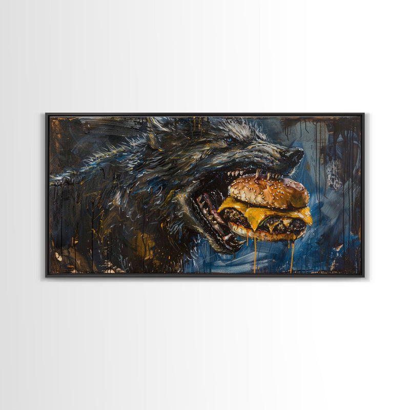 Big Ol Werewolf Having A Cheese Burger - Framed Canvas Print - Funny Halloween Art