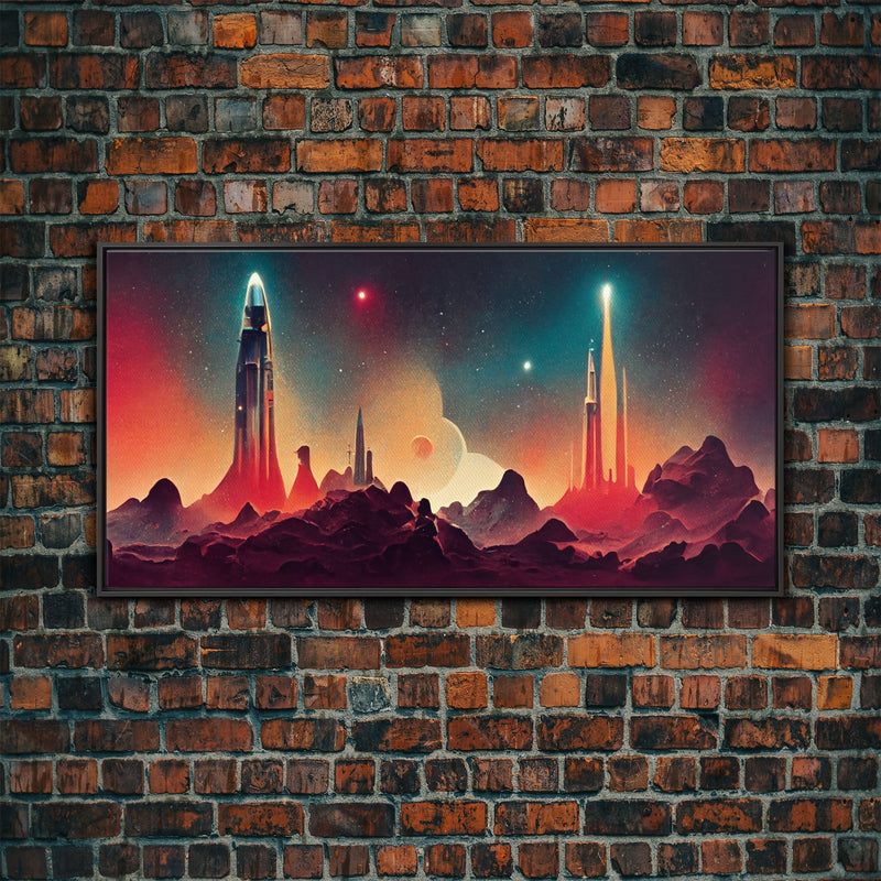 Art deco style space canvas print, space ship art, space art, outrun style, sci-fi themed art print, science fiction, space exploration