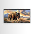 Lone Bison Roaming the Plains, Framed Canvas Print, Great for Living Room Art, Rustic Home Decor, Western Style Bedroom Wall Art
