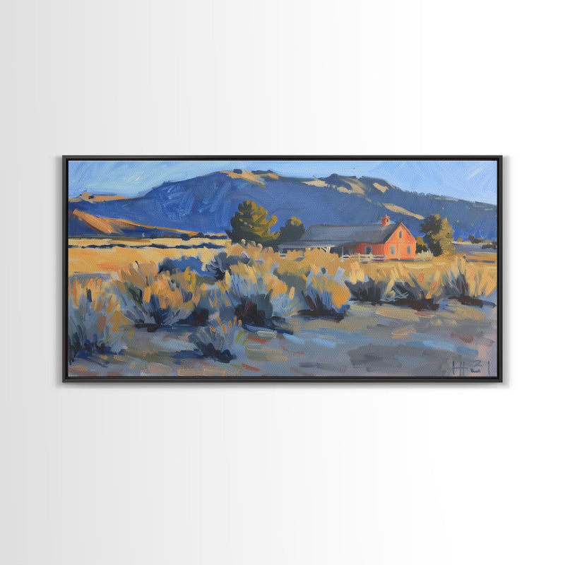 Rustic Cabin in Open Field, Framed Canvas Print, Ideal for Living Room Art, Country Style Home Decor, Cozy Bedroom Wall Art