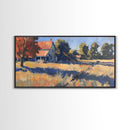 Tranquil Farmhouse with Red Roof, Framed Canvas Print, Great for Living Room Art, Pastoral Home Decor, Peaceful Bedroom Wall Art