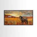 Black Horse in Autumn Field with Red Barn, Perfect Farmhouse Art, Framed Canvas Print, Rustic Wall Decor, Living Room Decoration