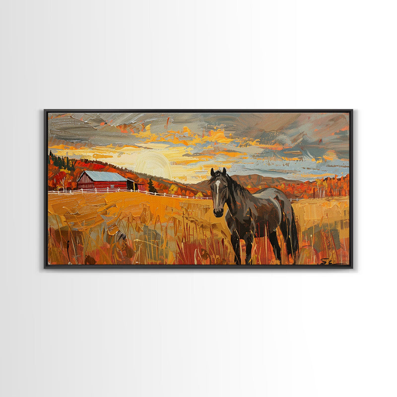 Black Horse in Autumn Field with Red Barn, Perfect Farmhouse Art, Framed Canvas Print, Rustic Wall Decor, Living Room Decoration