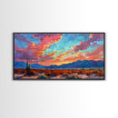 Road Through Desert at Sunset, Colorful Southwestern Art, Framed Canvas Print, Boho Wall Decor, Rustic Living Room Art, Desert Scene
