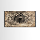 Old Wooden Shack in Rocky Terrain, Farmhouse Style Framed Canvas Print for Bedroom Art, Historical Home Decoration, Rustic Wall Art Piece