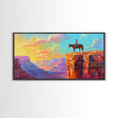 Cowboy on Horse Overlooking Canyon Sunset, Farmhouse Style Framed Canvas Print for Living Room Wall Art, Vibrant Home Decor, Western Scene