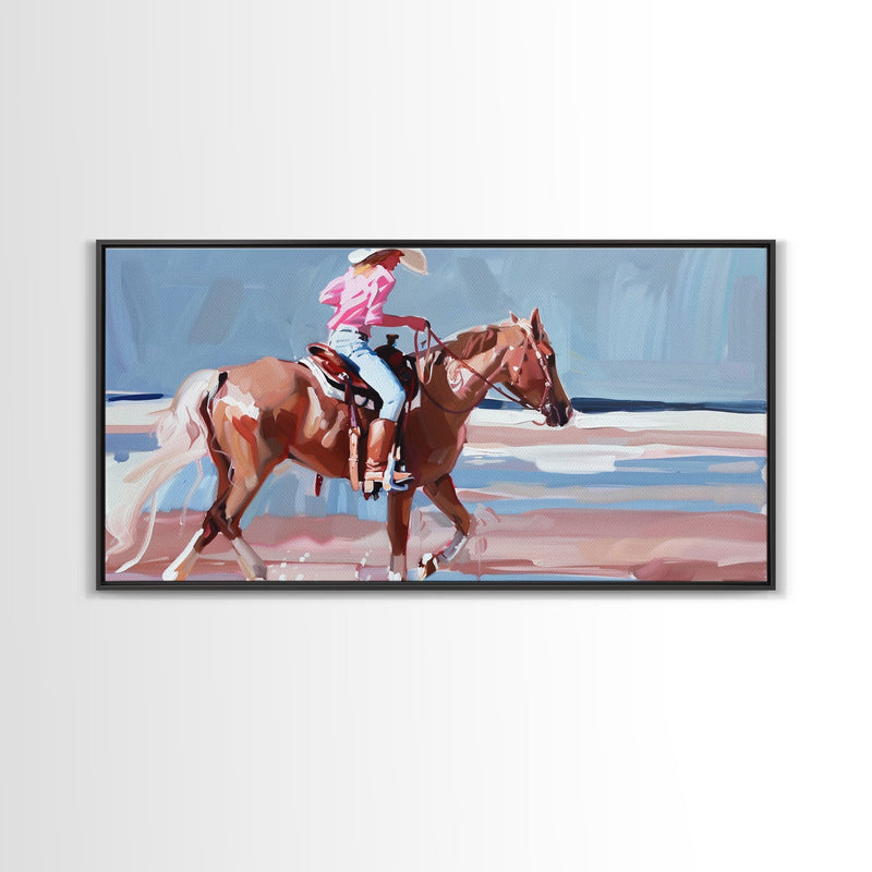 Woman Riding Horse on Beach, Peaceful Framed Canvas Print, Great for Coastal Living Room Art, Beach Bedroom Decor, Equestrian Wall Art