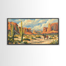 Lone Cowboy in Desert Landscape, Framed Canvas Print, Perfect for Rustic Living Room Art, Western Wall Art, Home and Bedroom Decor