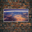 Bird's eye view of a futuristic city-planet, cool scifi art, framed canvas print, ready to hang framed wall art