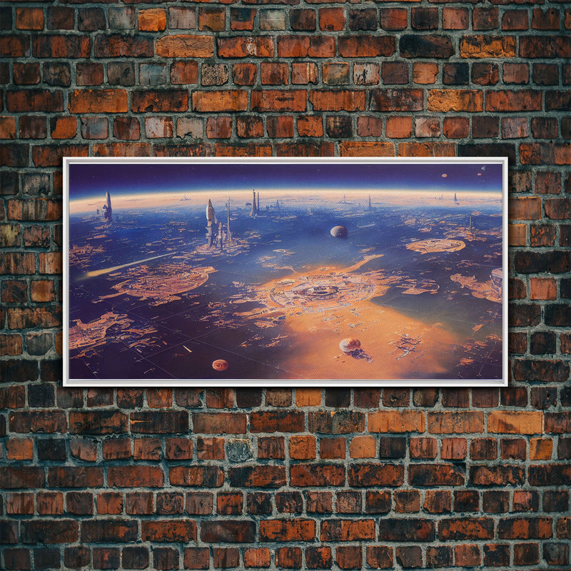 Bird's eye view of a futuristic city-planet, cool scifi art, framed canvas print, ready to hang framed wall art