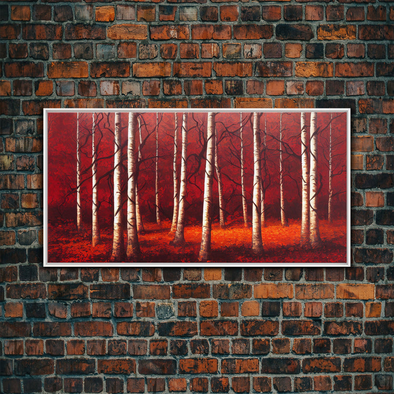 Birch Trees, Haunted birch forest, blood red forest, framed canvas print, ready to hang framed wall art