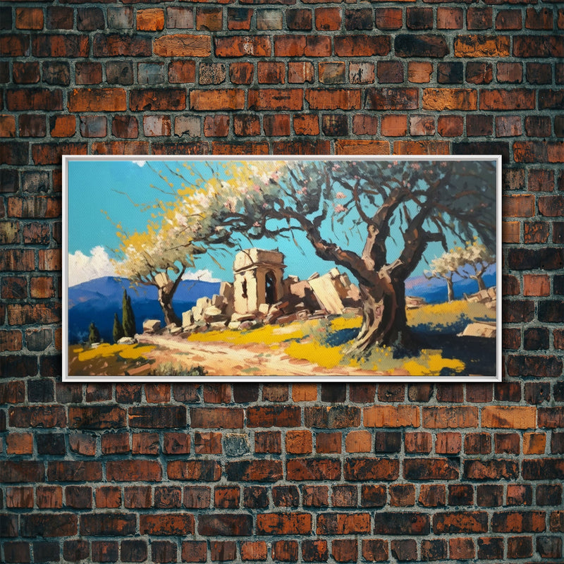 Ancient Roman Ruins, Framed Canvas Print, Old World Art, Olive Tree Amongst The Ruins, Living Room Decor