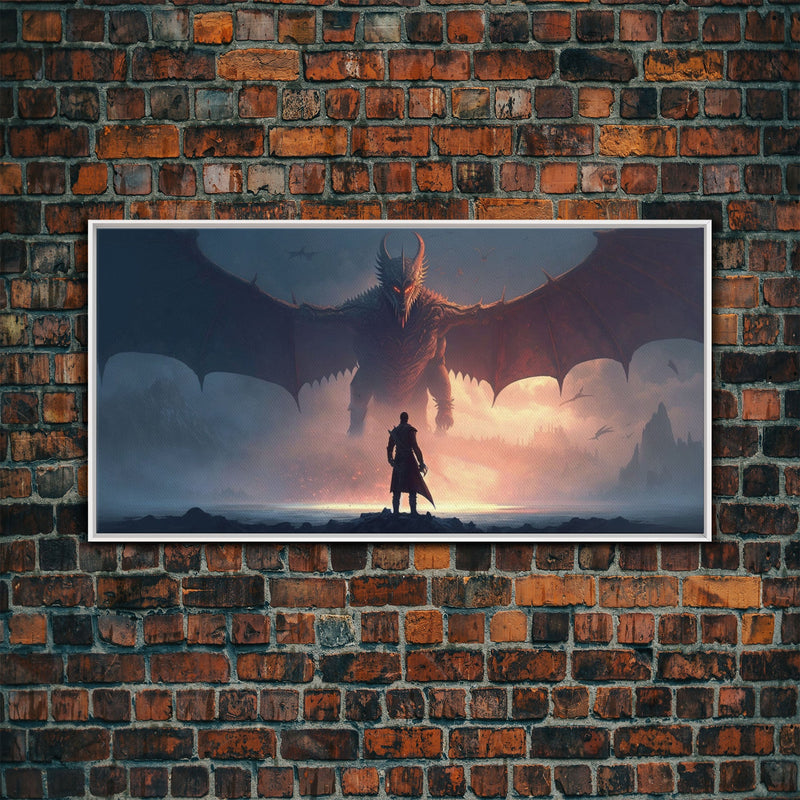 Warrior Facing Down a Dragon, Framed Canvas Print, Unique Fantasy Wall Art, In The Time of Dragons