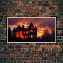 Spooky Halloween Wall Art, Haunted House Canvas Print, Ready to hang canvas, orange creepy house at night, Wall Decor