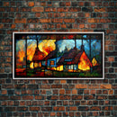 Stained Glass Cottage On Fire, Canvas print, negative art, house on fire depicted in stain glass, cool wall art