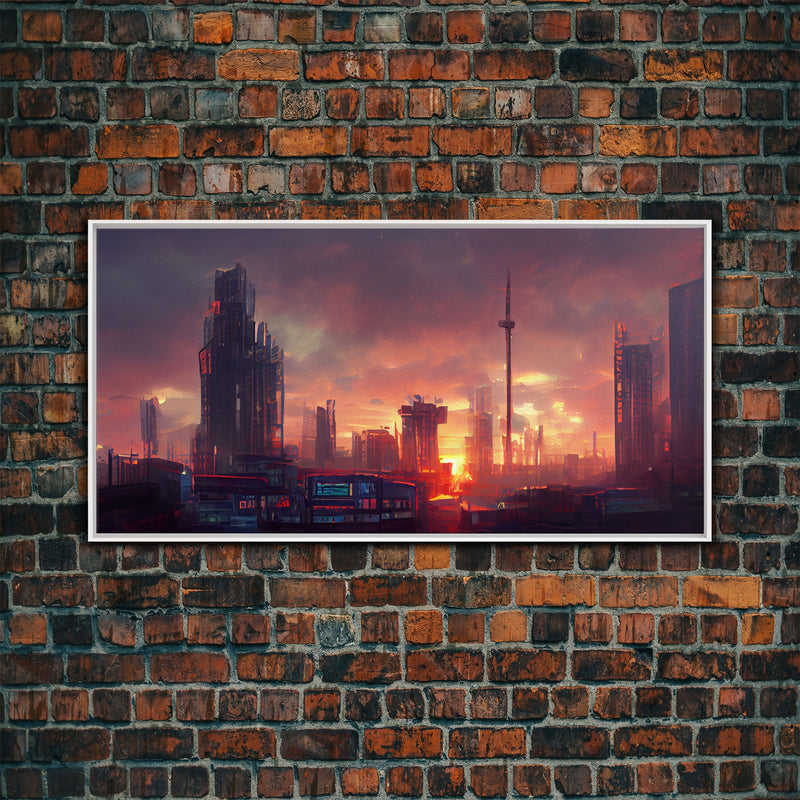 Watercolor of a cyberpunk city, canvas print, dystopian urban landscape at sunset, synthwave style