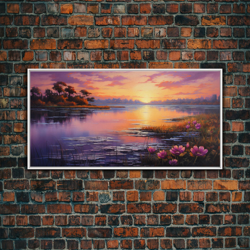 Beautiful Lake At Sunset, Framed Canvas Print, Landscape Oil Painting Print, Lakehouse Art, Lake Art, Lake House Decor, Nature Art