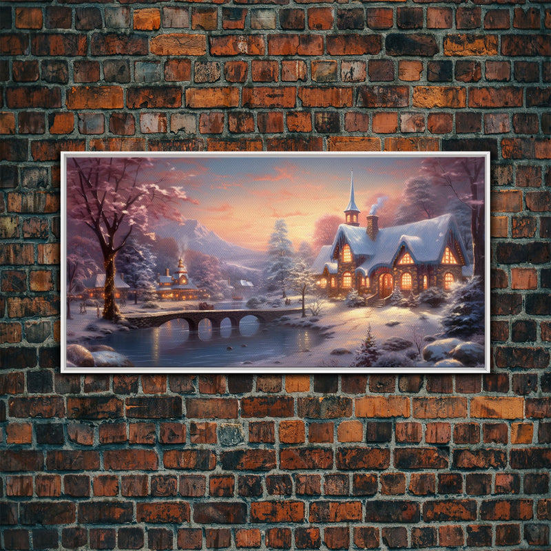 Winter Art, Framed Canvas Print, Cute Whimsical Victorian Village In Winter Painting, Home Decor, Contemporary Modern Art