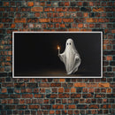 The Ghost With The Candle, Framed Canvas Print, Dark Academia Wall Art, Victorian Oil Painting Style Halloween Wall Art, Ghost Print