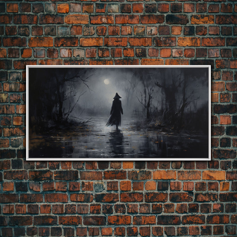 Witch Walking In The Rain Under A Full Moon, Witch Print, Framed Canvas or Poster, Victorian Oil Painting, Dark Academia, Witchcraft Decor