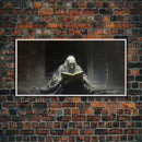 Grim Reaper Reading A Book In A Haunted Library, Framed Canvas Print, Victorian Oil Painting Style, Spooky Halloween Decor, Goth Art