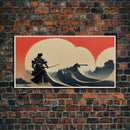 Japanese Samurai Fighting A Tidal Wave, ready to hang canvas print wall art, framed canvas wall art, mancave decor