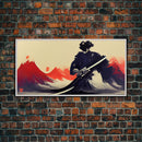 Japanese Samurai Superimposed Over Mountains, ready to hang canvas print wall art, framed canvas wall art, mancave wall art