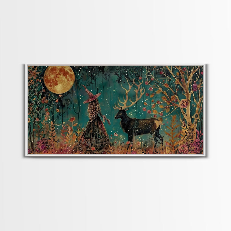 Victorian Witch and her Elk Familiar | Framed Canvas Print | Dark Academia Wall Art | Victorian Style Halloween Art