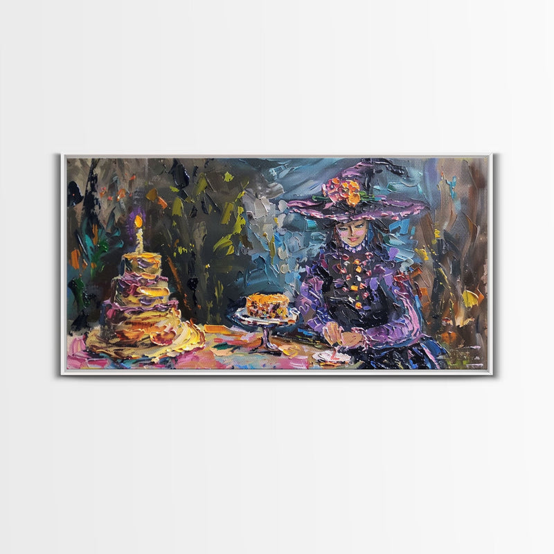 Birthday Party for One, Springtime Witch and A Birthday Cake, Framed Canvas Print, Funny Halloween Art